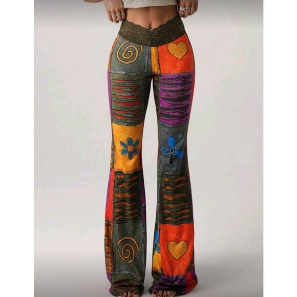 NWT Large Patchwork Print Pants Lace Waist Stretch Flares - Picture 1 of 7